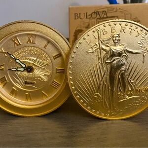 BULOVA 20 US Dollar Desk Clock Alarm Manual Wind Plaque Or - Pristine Condition!